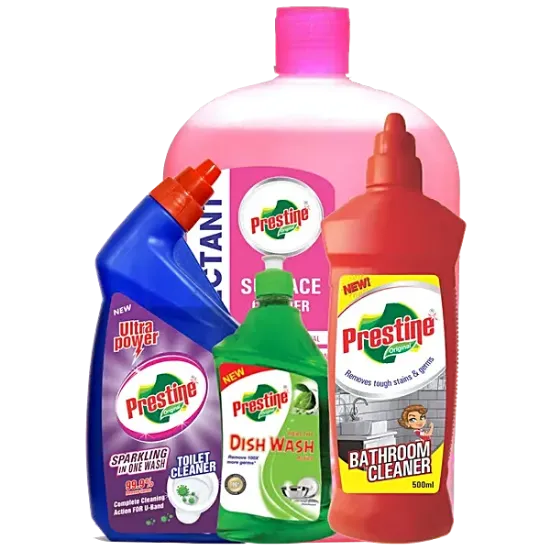 Picture of Prestine Toilet Cleaner 500ml, Surface Cleaner 1000ml, Bathroom Cleaner 500ml, Dishwash Gel 200ml Combo Pack