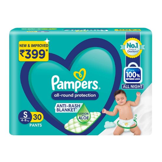 Picture of Pampers All Round Protection Pant Style Baby Diapers, Small (S), 30 Count, Anti Rash Blanket, Lotion with Aloe Vera, 4-8 Kg Diapers